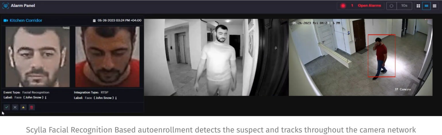Scylla Facial Recognition Based autoenrollment detects the suspect and tracks throughout the camera network